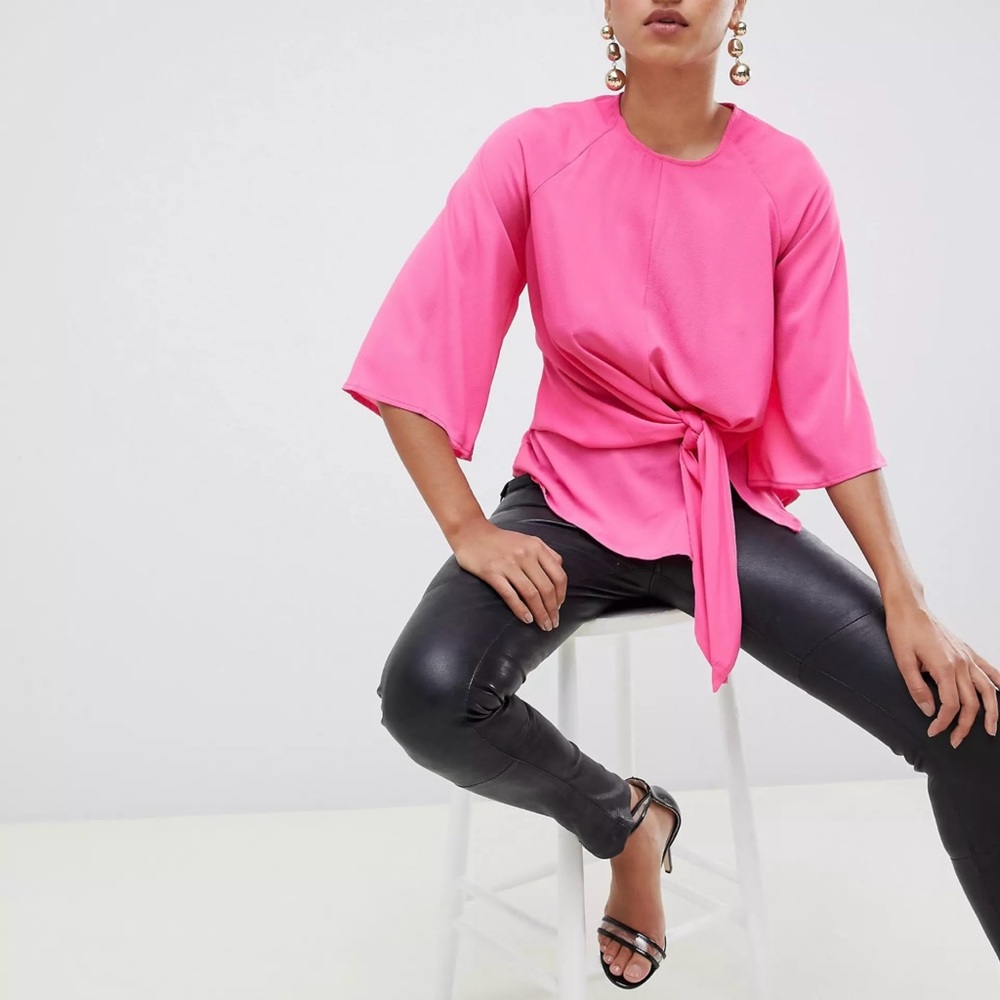 NWT RD & Koko Barbie Pink Front Wrap Tie Blouse Quarter Sleeves Size Small